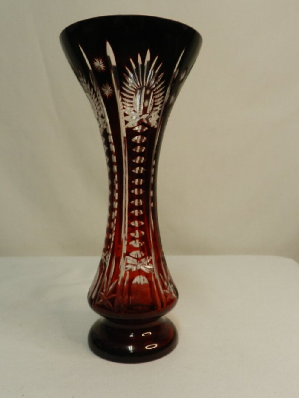Vintage Bohemian Ruby red Cut Etched Crystal glass Vase 10" x 5.5" Art Decor